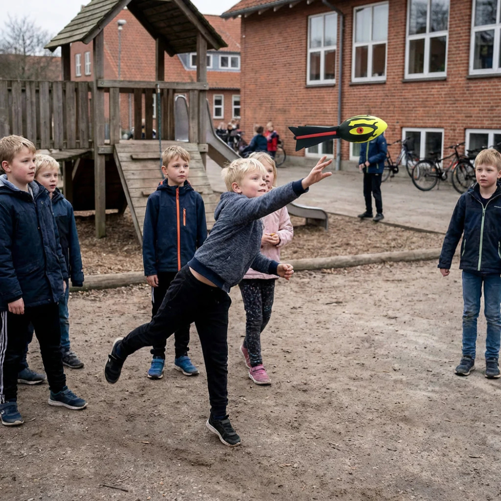 Børn kaster med Wikz RocketRush Kastehyl i skolegården